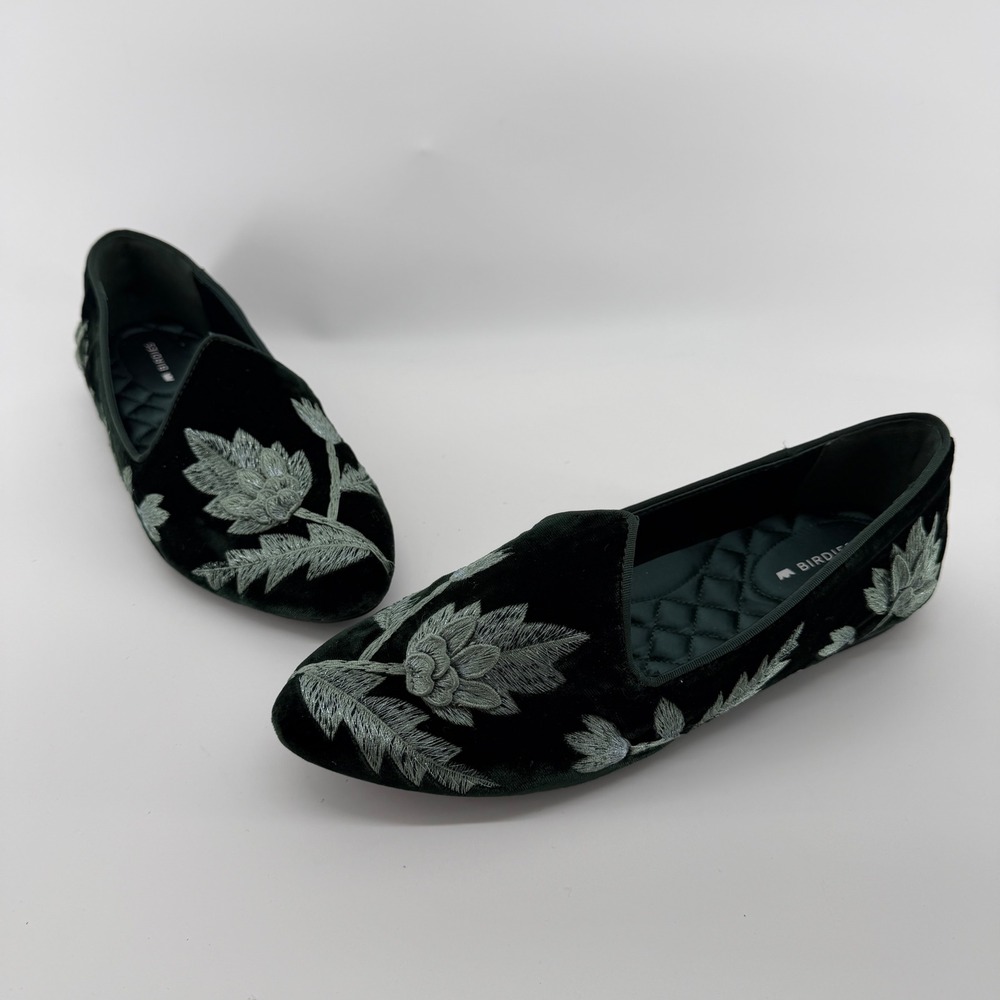 Birdies The Heron Dark Green Velvet Embroidered Floral Loafers Flats Womens 8
